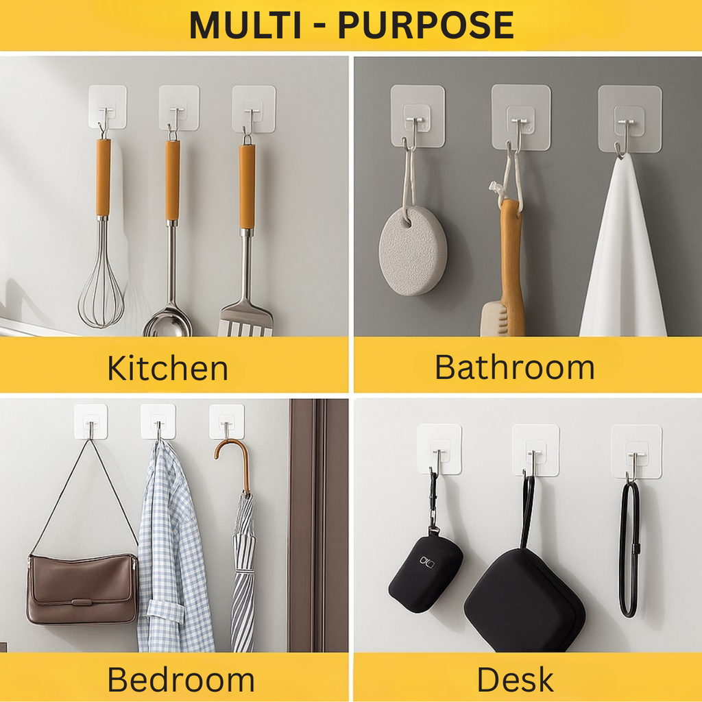 PVC Wall Hooks | Heavy-Duty Adhesive, Stainless Steel, Waterproof & Rustproof | Ideal for Kitchen, Bathroom, Home & Office